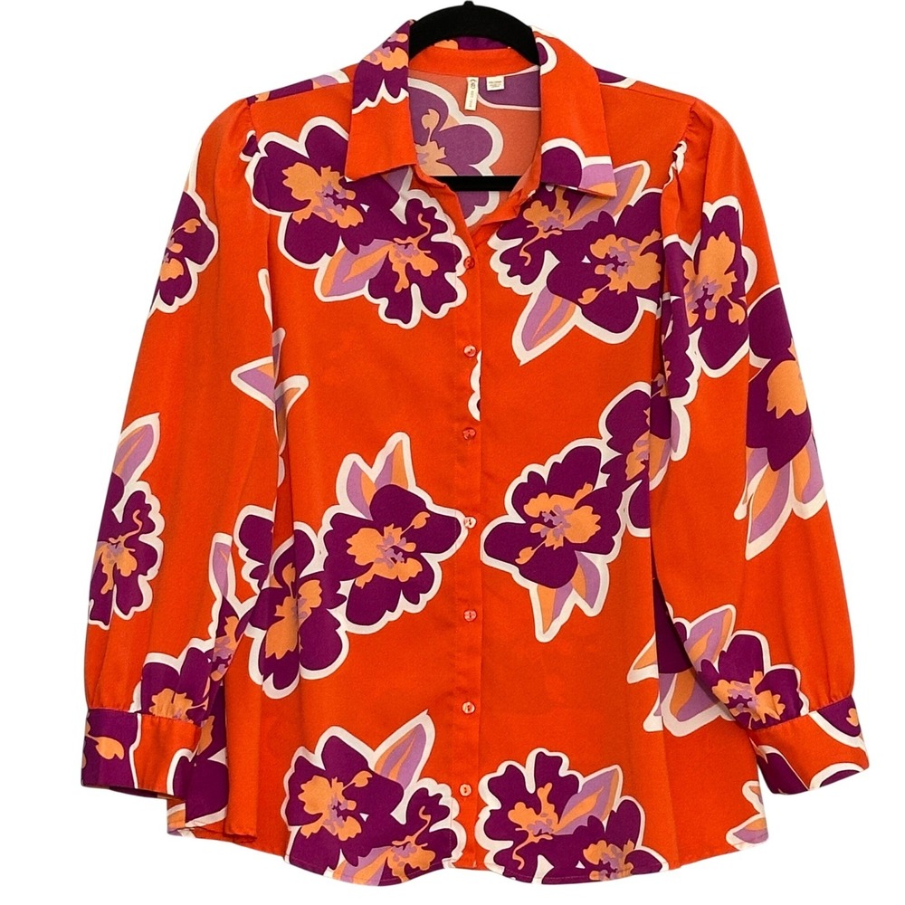 Cato Womens Top Plus 18W Orange Purple Vibrant Floral Blouse Retro Mod Dopamine